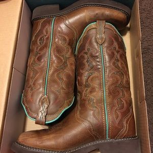 tan and turquoise square toe cowboy boots
